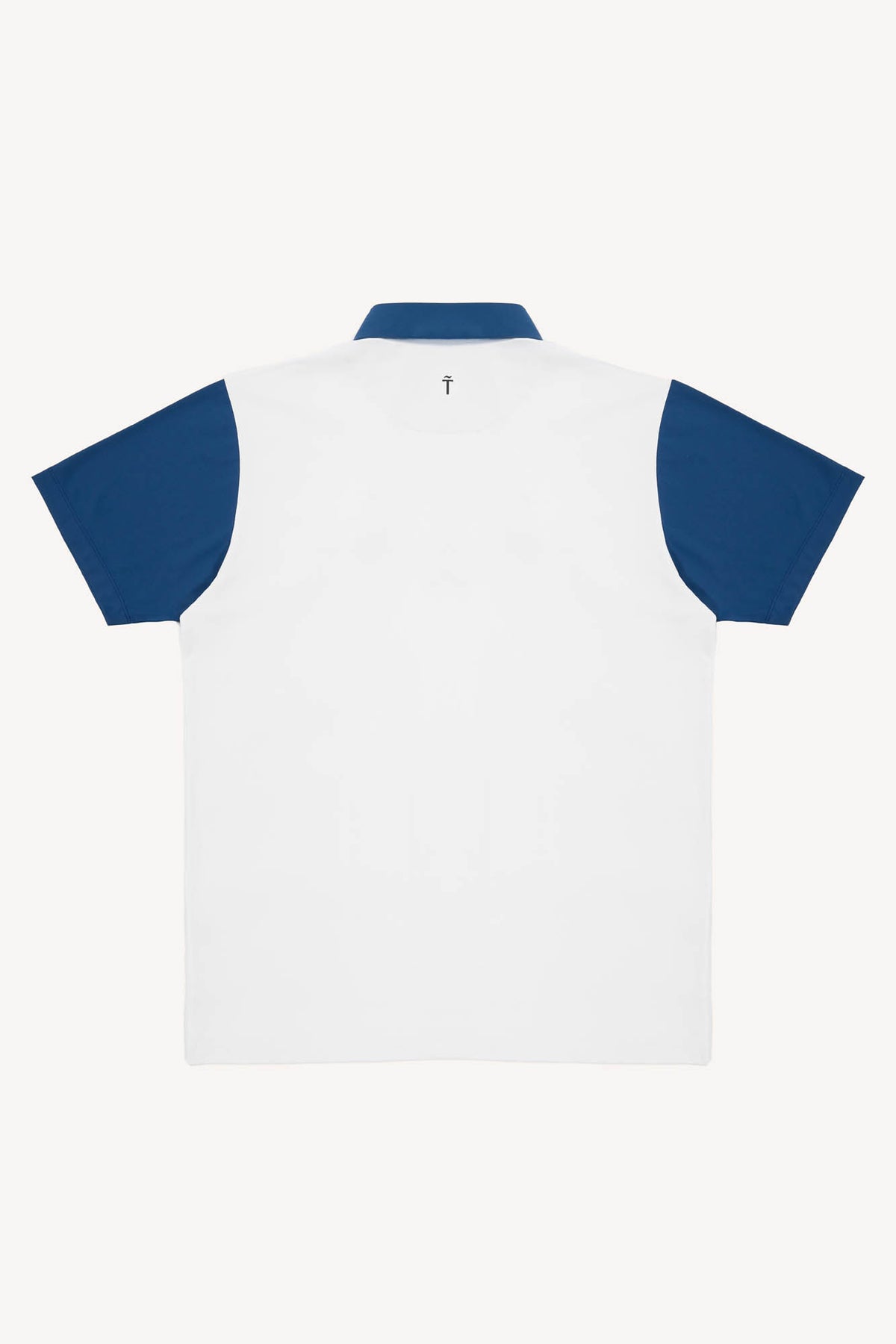 White polo shirt with blue sleeves and collar on a white background