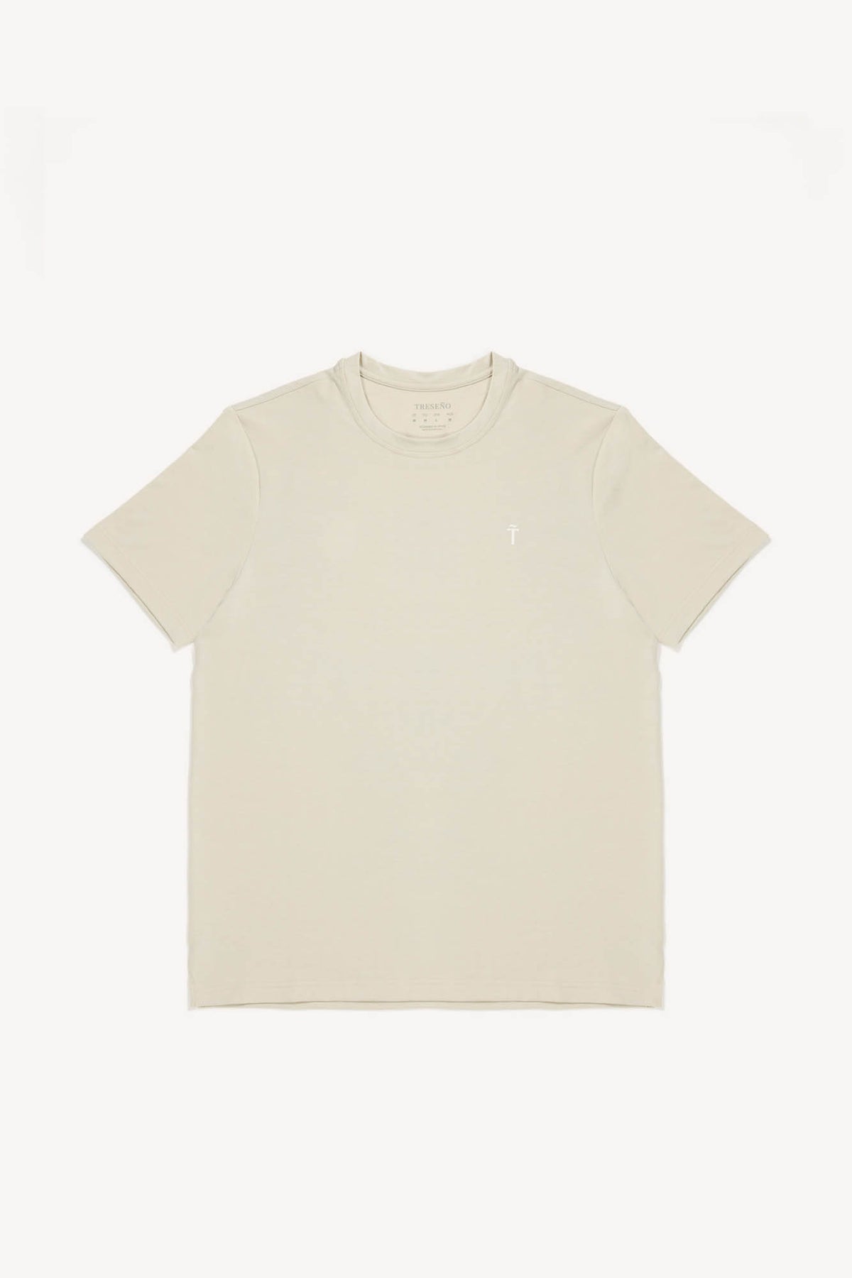 Beige t-shirt with a small logo on a white background