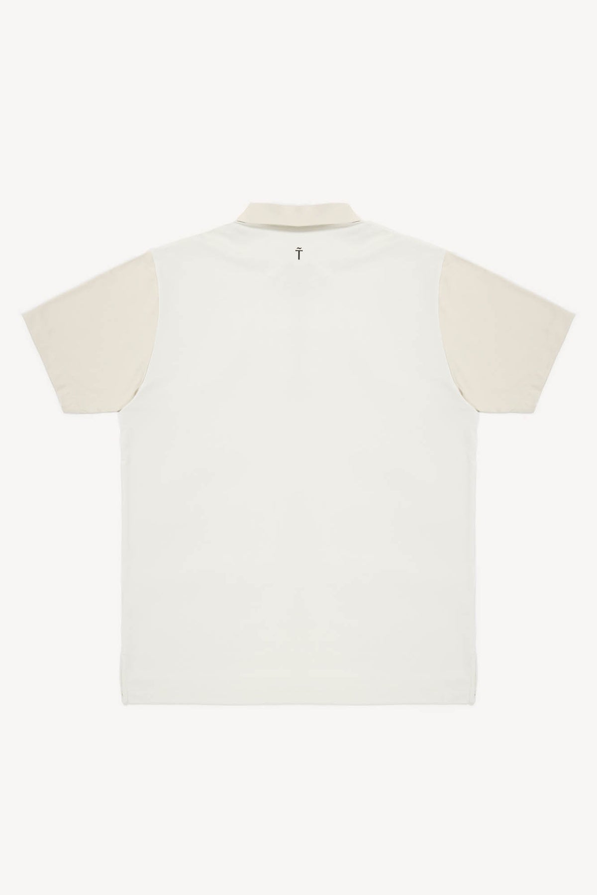 Tan polo shirt with beige collar and sleeves on a white background