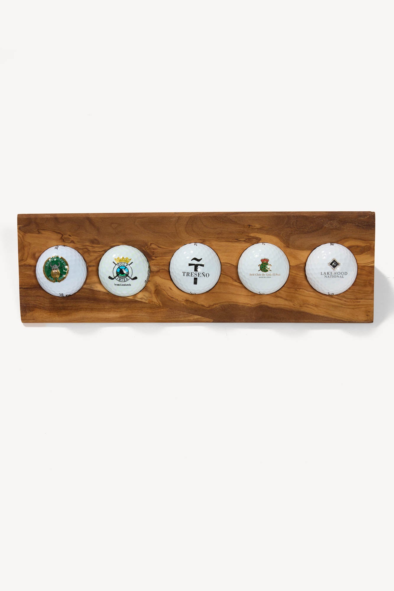 Luxury handcrafted olive wood ball display, holds 5 golf balls