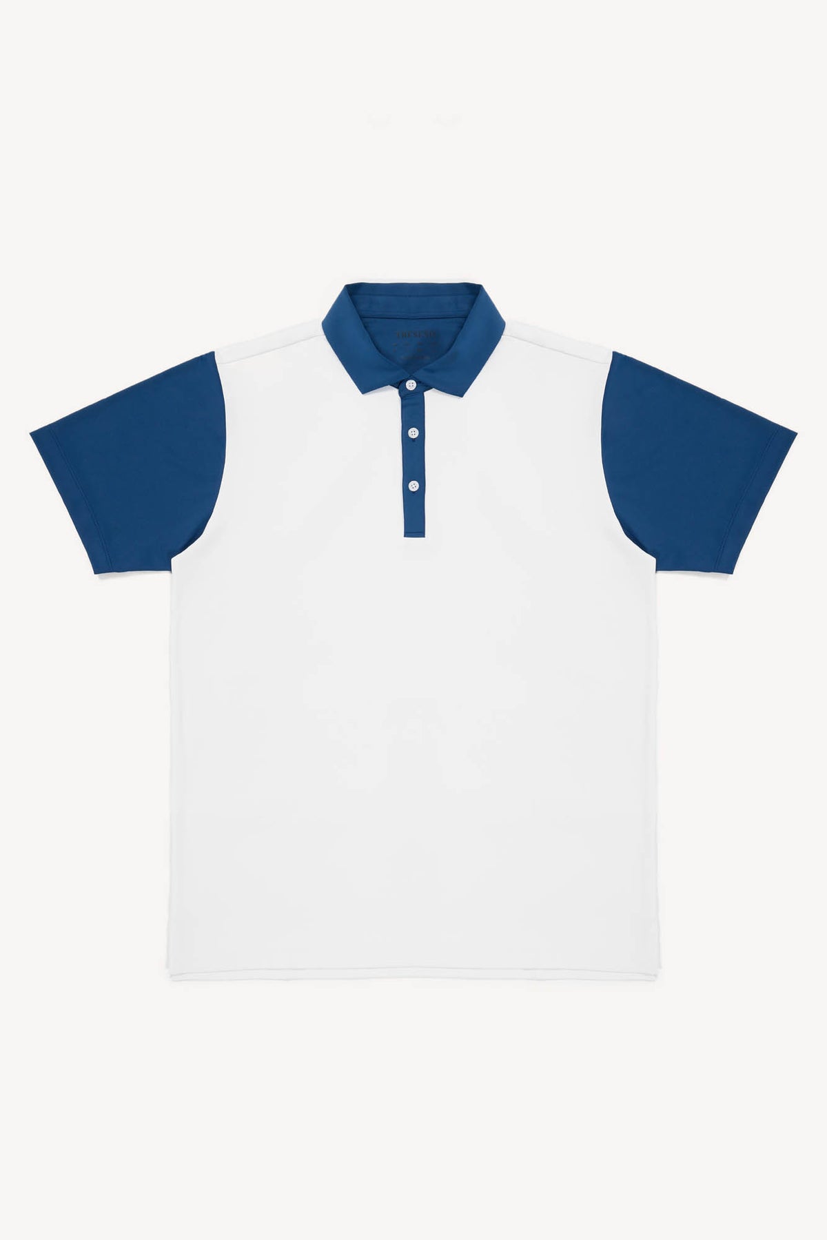 White polo shirt with blue sleeves and collar on a white background