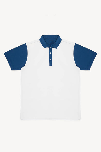White polo shirt with blue sleeves and collar on a white background
