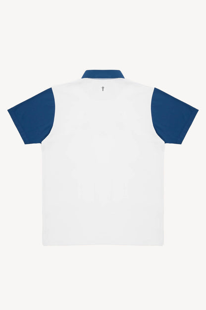 White polo shirt with blue sleeves and collar on a white background