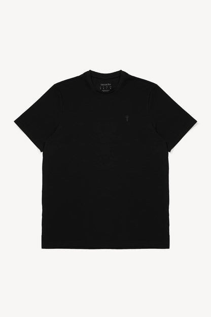 Black t-shirt with Treseño logo on a white background