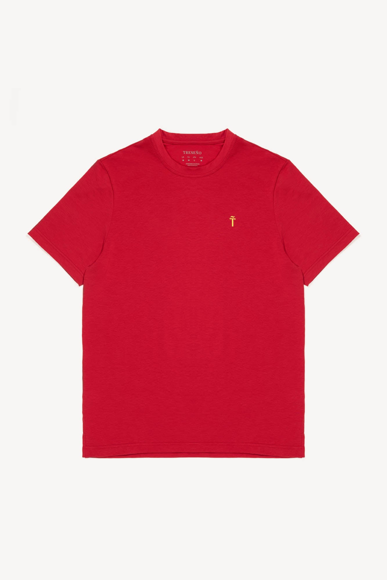 Red t-shirt with a small yellow Treseño logo on a white background