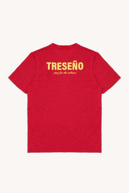 Red t-shirt with yellow text on the back against a white background