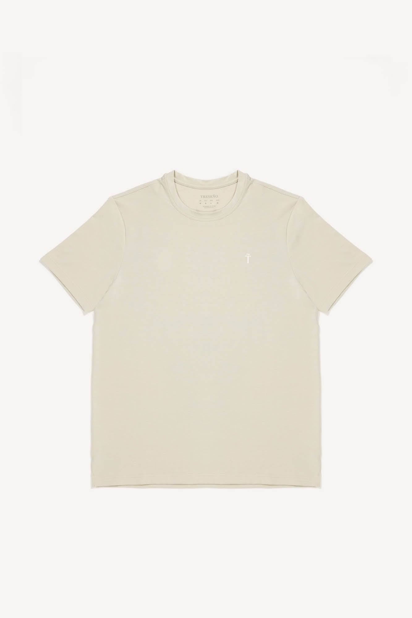 Beige t-shirt with a small logo on a white background