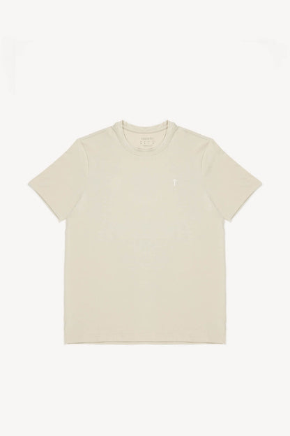 Beige t-shirt with a small logo on a white background