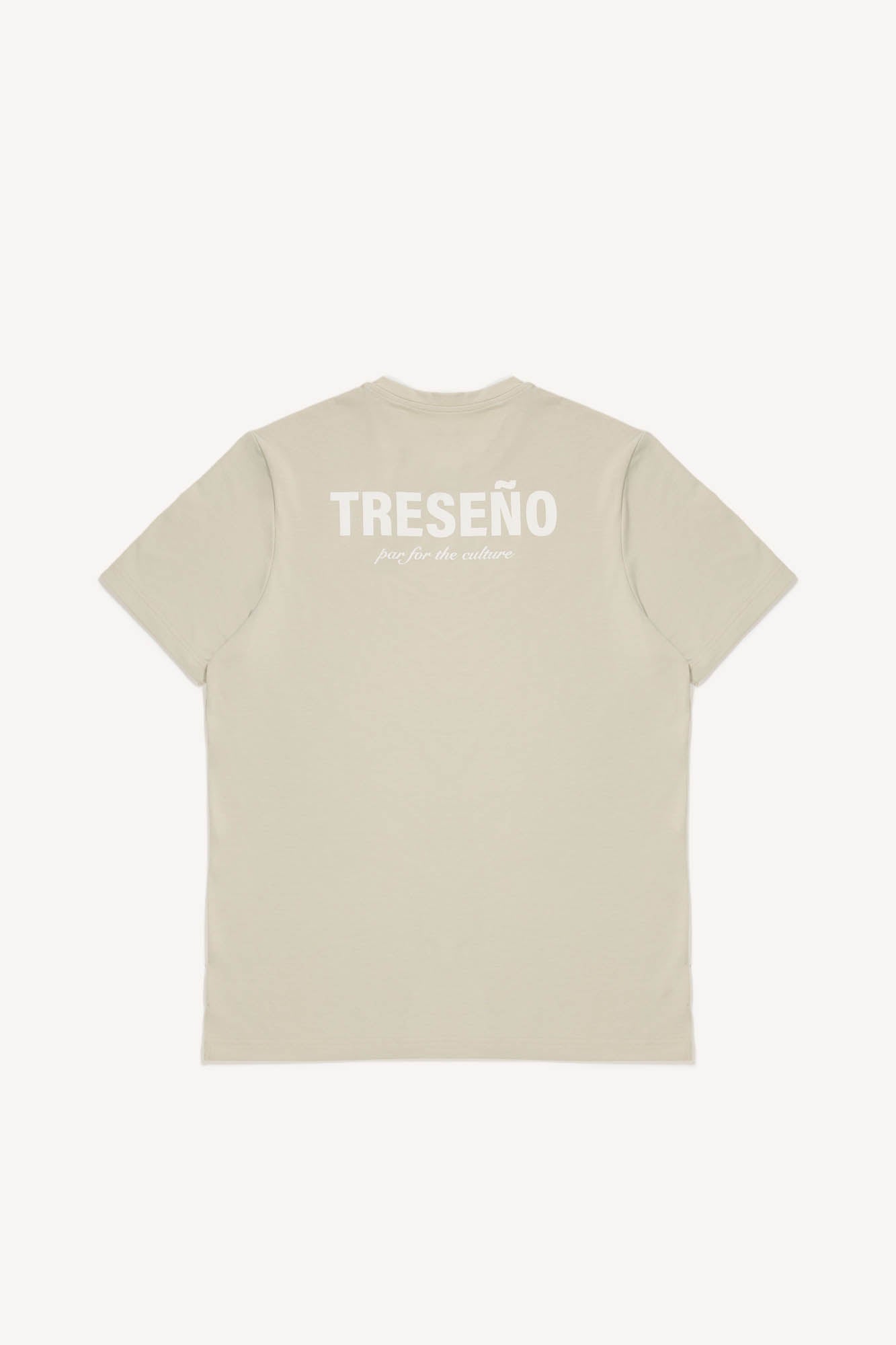Beige t-shirt with 'TRESEÑO' printed on the back against a white background