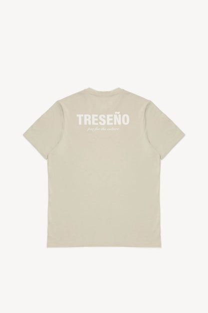 Beige t-shirt with 'TRESEÑO' printed on the back against a white background