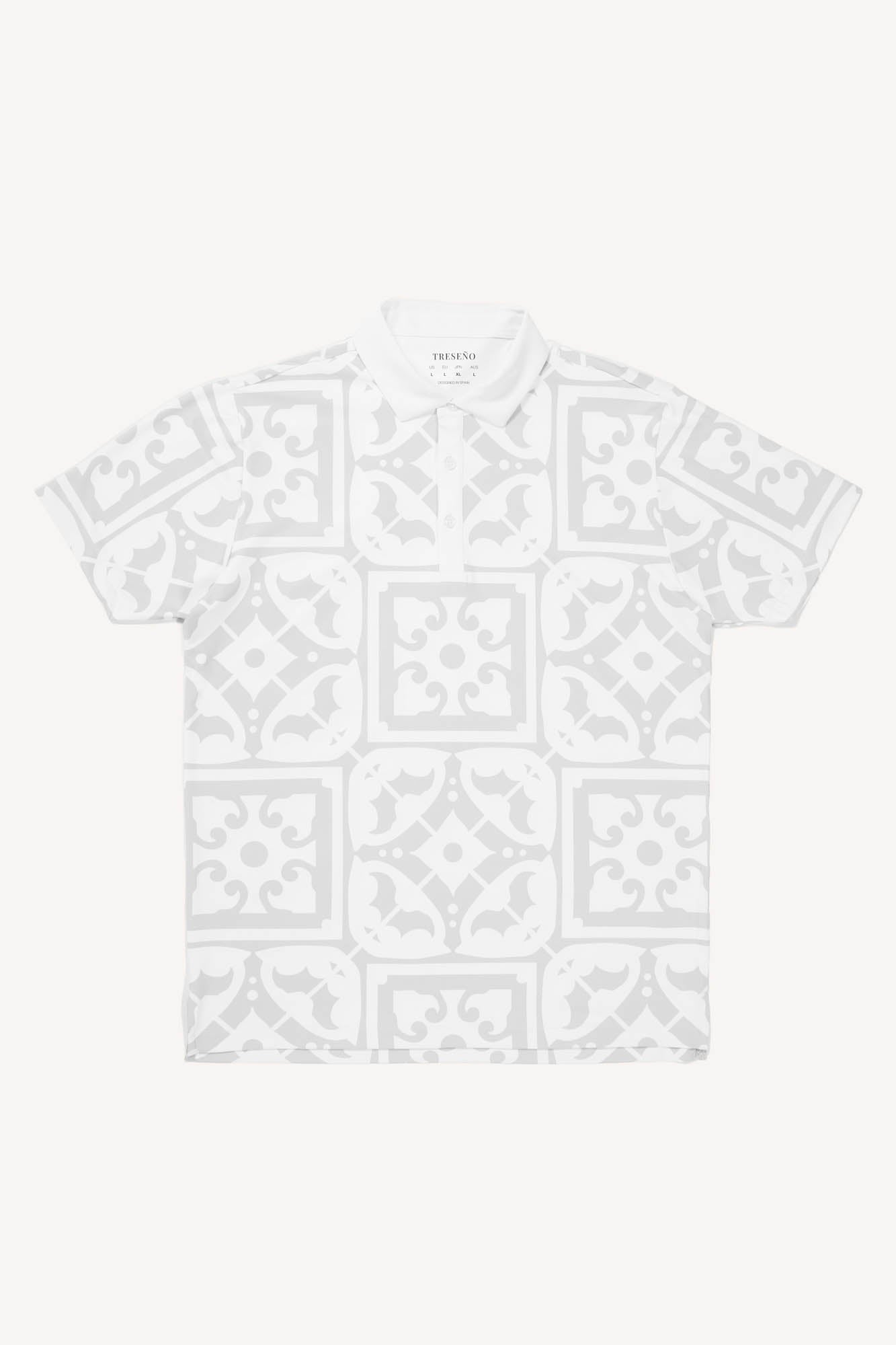 White performance polo golf shirt with grey geometric pattern resembling tiles found on the Iberian peninsula on a white background