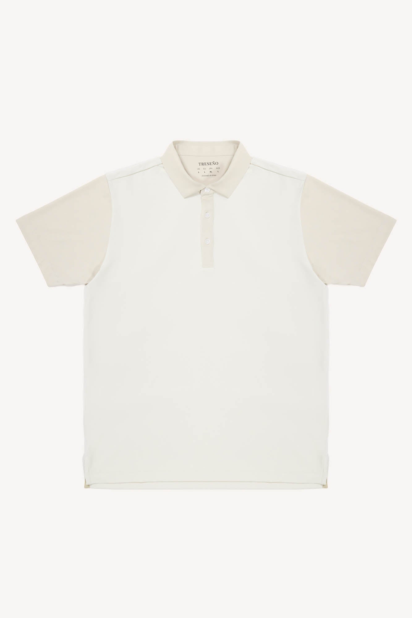 Tan polo shirt with beige sleeves on a white background