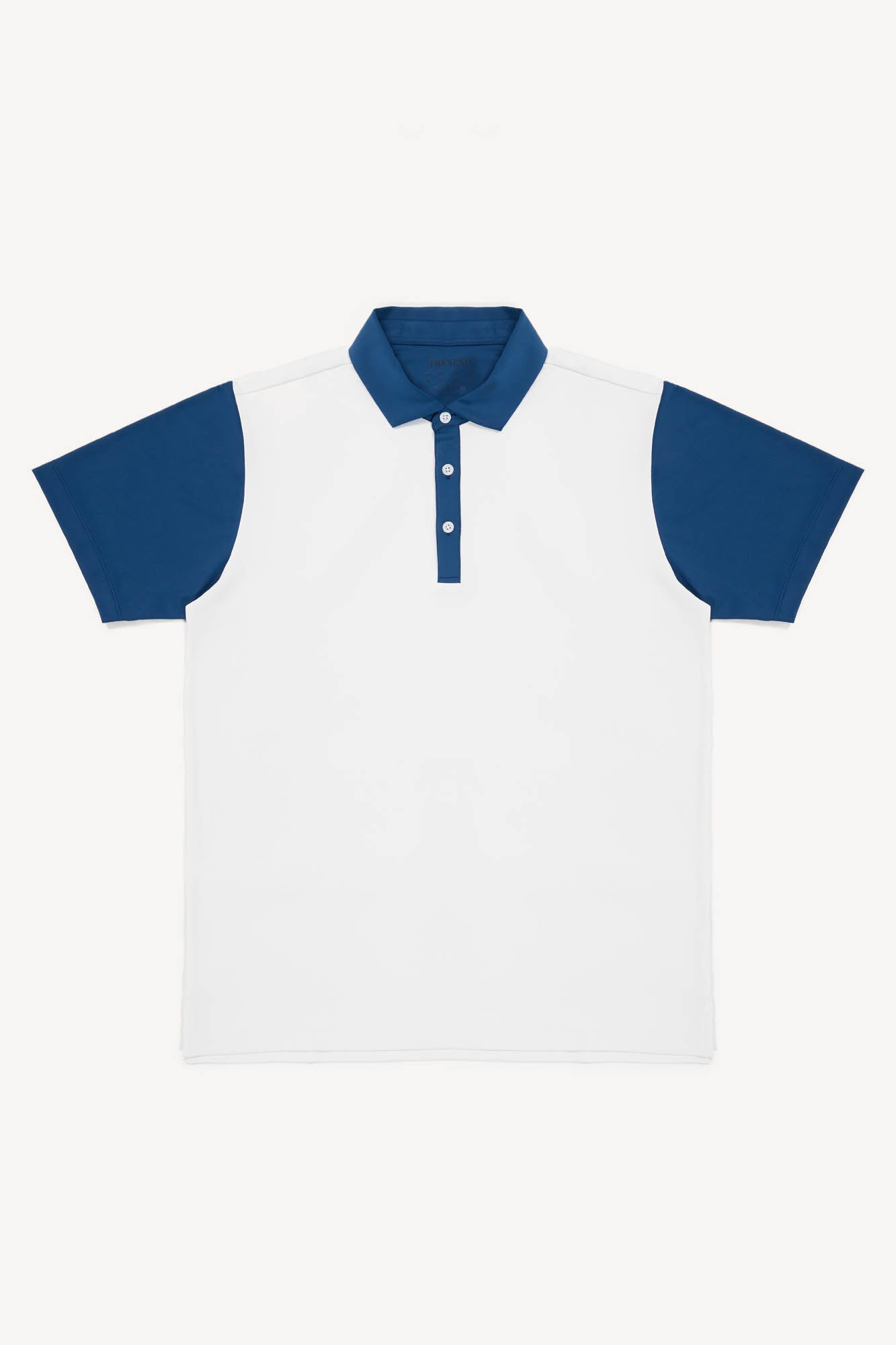 White polo shirt with blue sleeves and collar on a white background