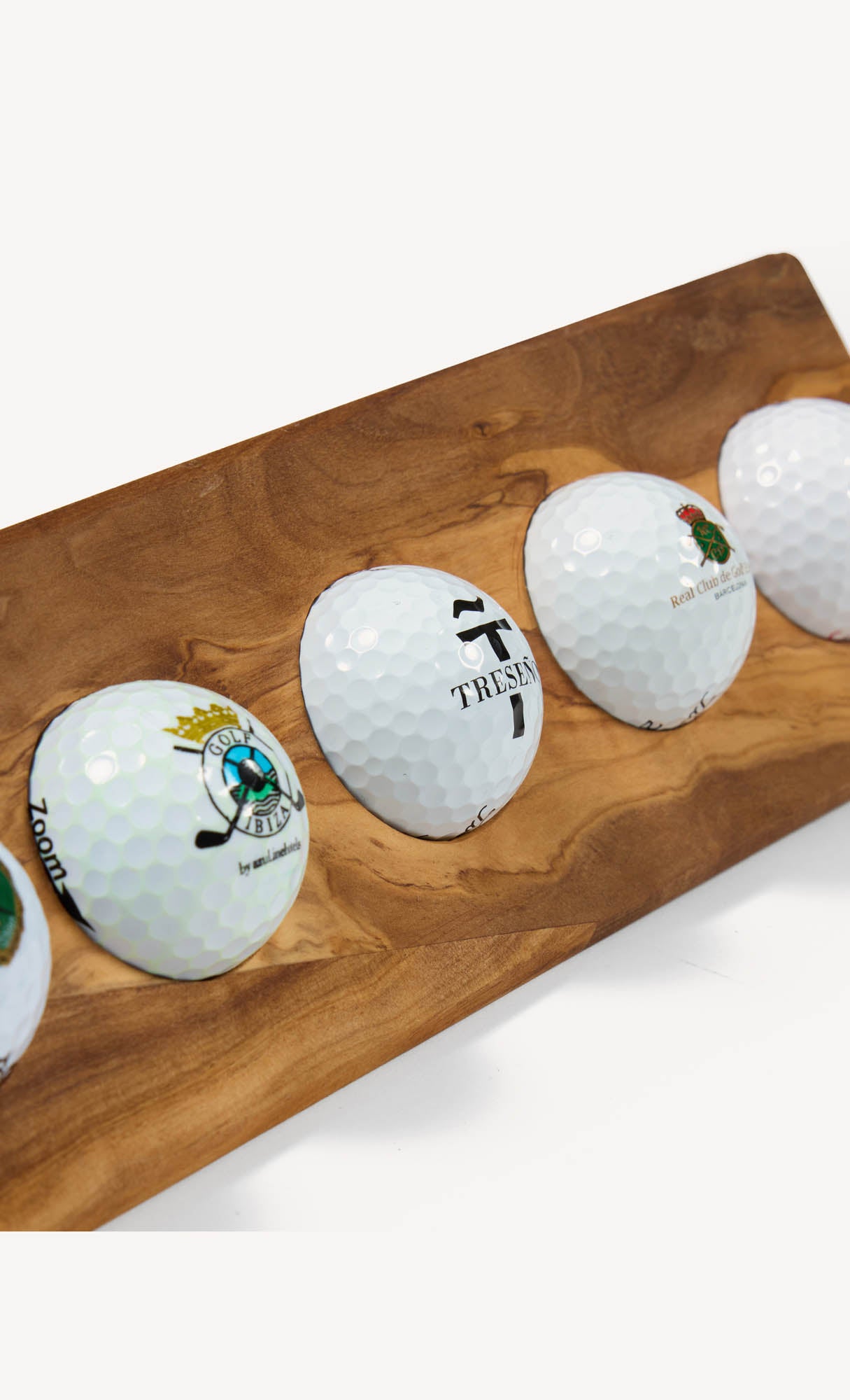 Luxury handcrafted olive wood ball display, holds 5 golf balls