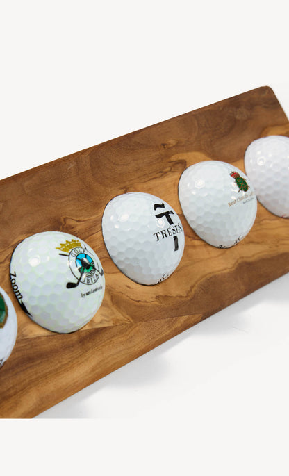 Luxury handcrafted olive wood ball display, holds 5 golf balls