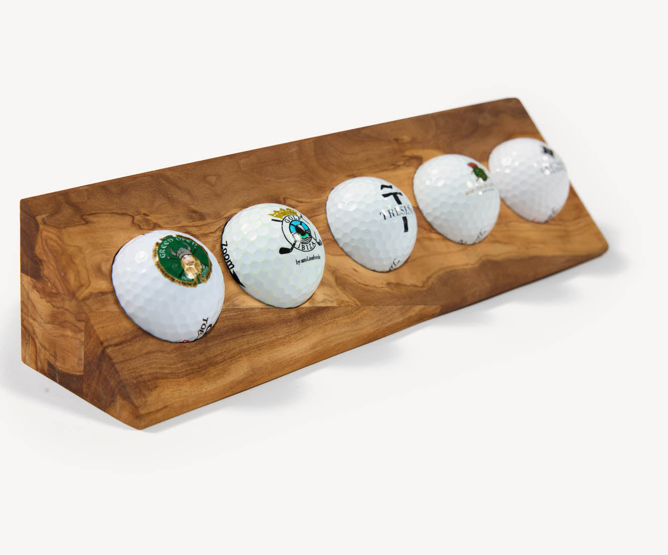 Luxury handcrafted olive wood ball display, holds 5 golf balls