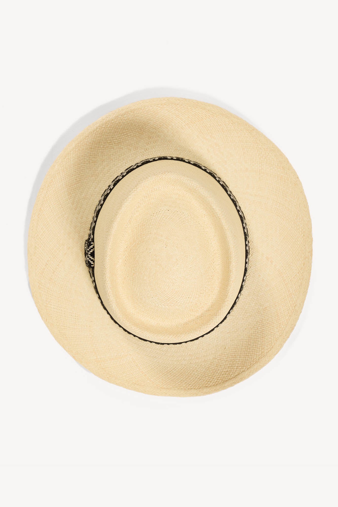 Luxury handcrafted Panama hat with black band on a white background