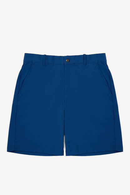 Blue golf shorts on a white background