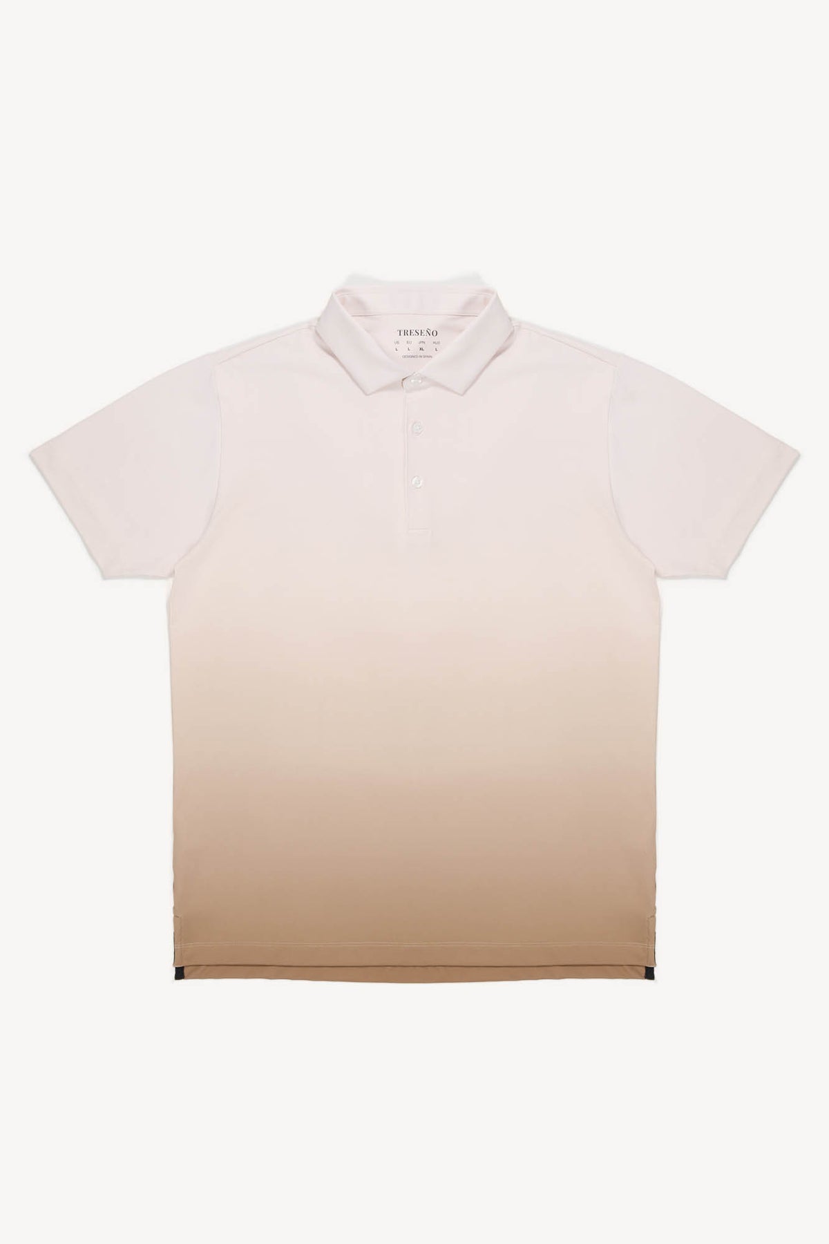 Ombre polo shirt transitioning from light dark to beige on a white background