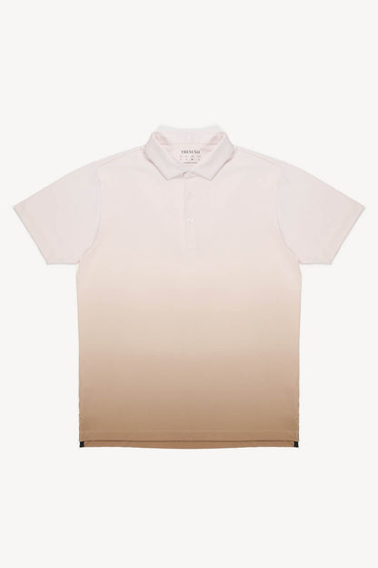 Ombre polo shirt transitioning from light dark to beige on a white background