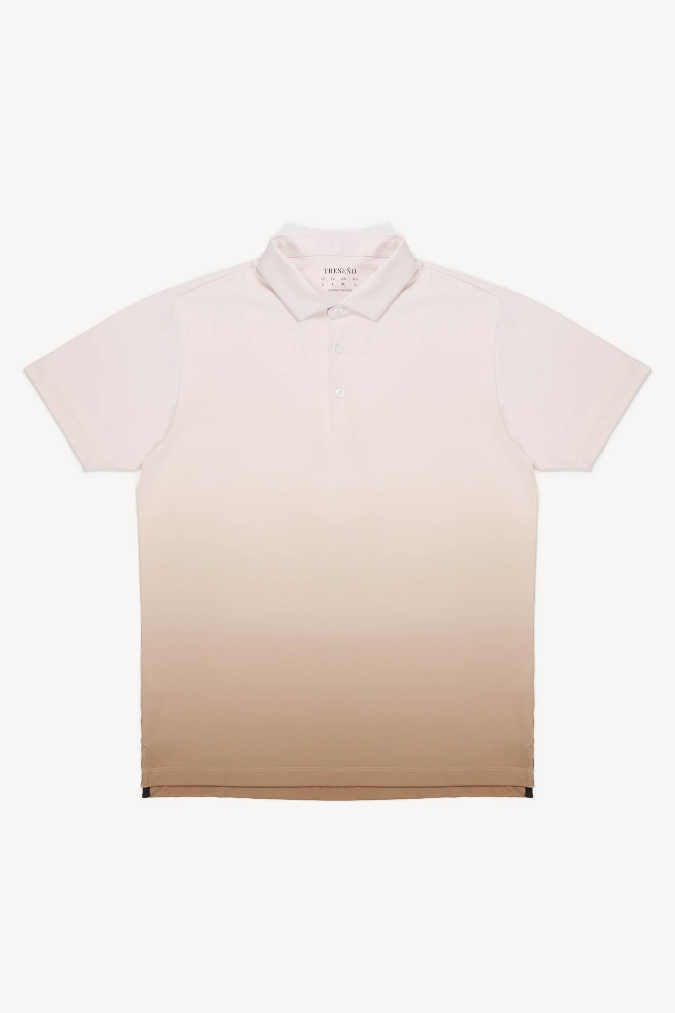 Ombre polo shirt transitioning from light dark to beige on a white background
