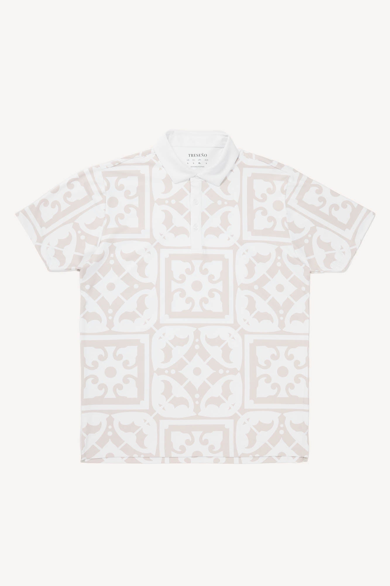 White performance polo golf shirt with tan geometric pattern resembling tiles found on the Iberian peninsula on a white background