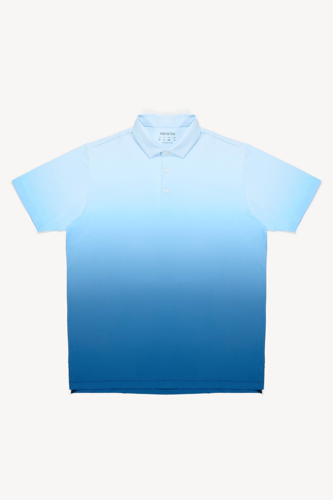Blue gradient performance golf polo shirt on a white background