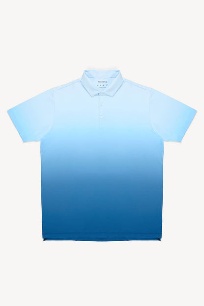 Blue gradient performance golf polo shirt on a white background