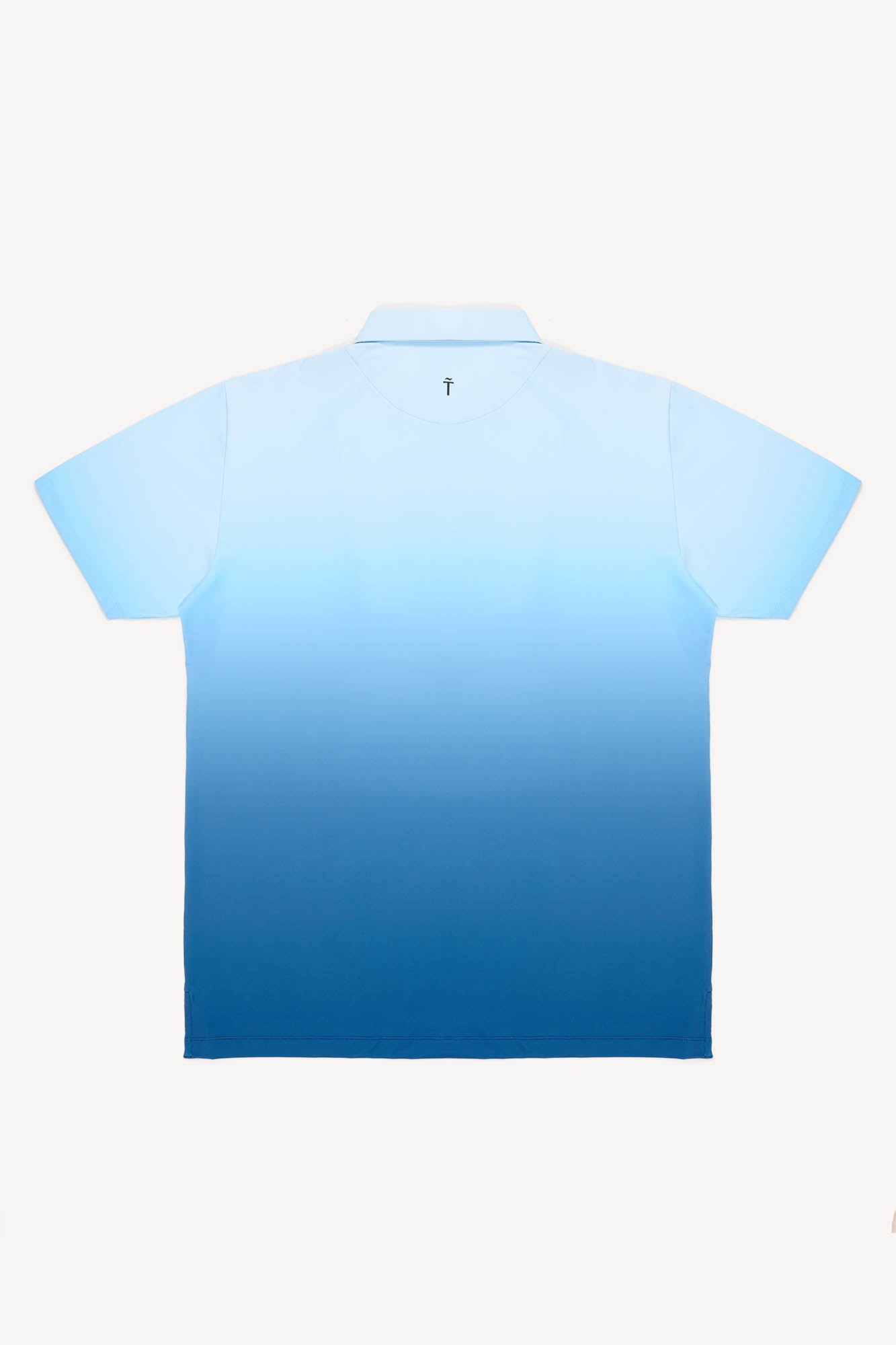 Blue gradient performance golf polo shirt on a white background
