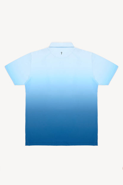 Blue gradient performance golf polo shirt on a white background