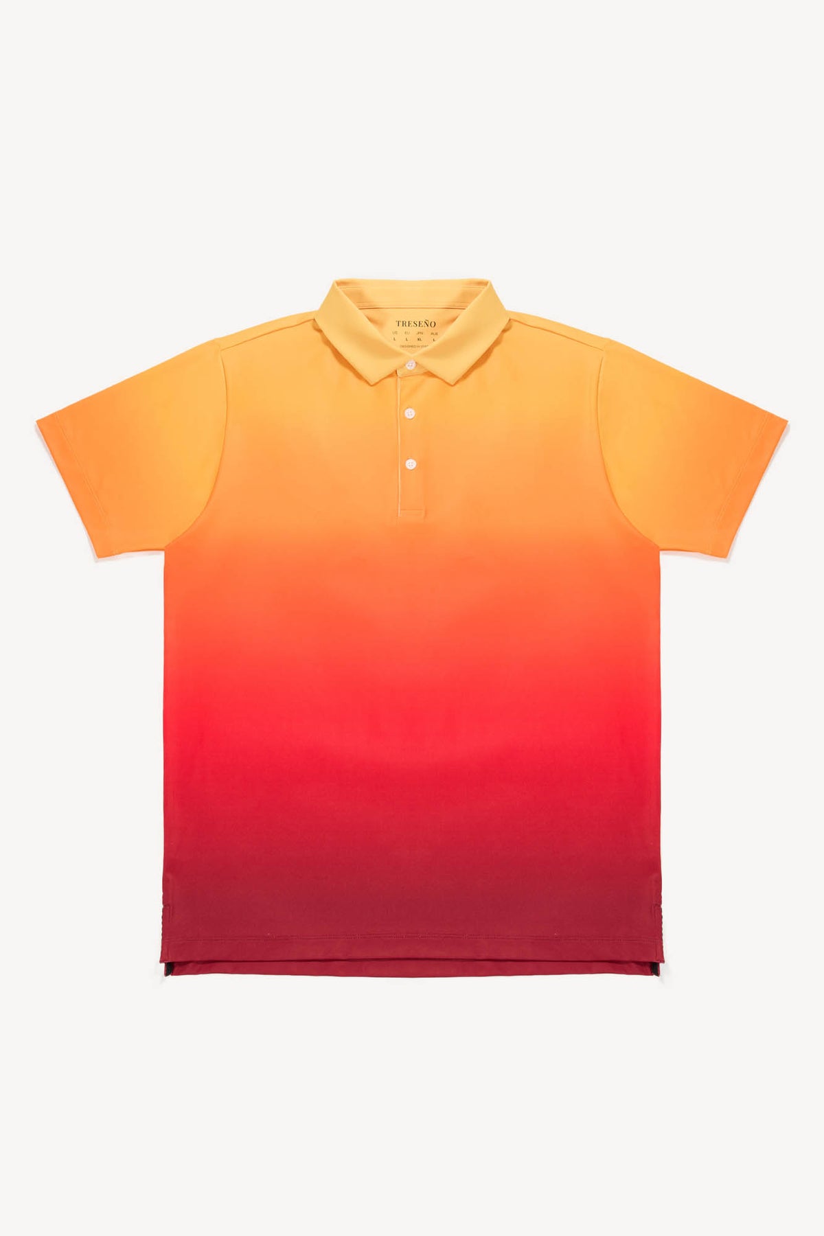 Gradient orange to red performance golf polo shirt on a white background
