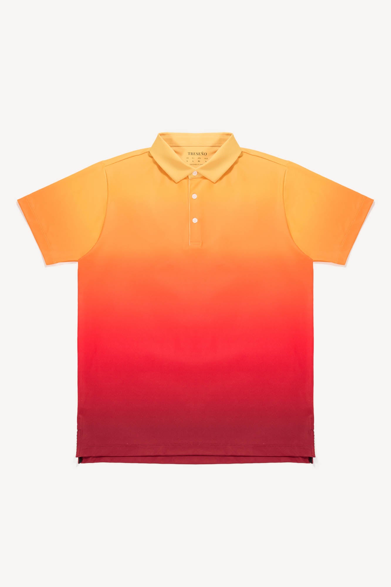 Gradient orange to red performance golf polo shirt on a white background