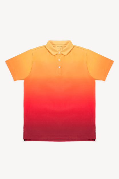 Gradient orange to red performance golf polo shirt on a white background